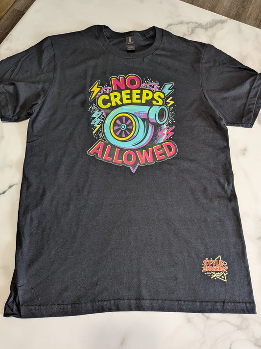 "No Creeps Allowed" Car Guy Tee – Turbo Neon Graphic T-Shirt for Car Enthusiasts