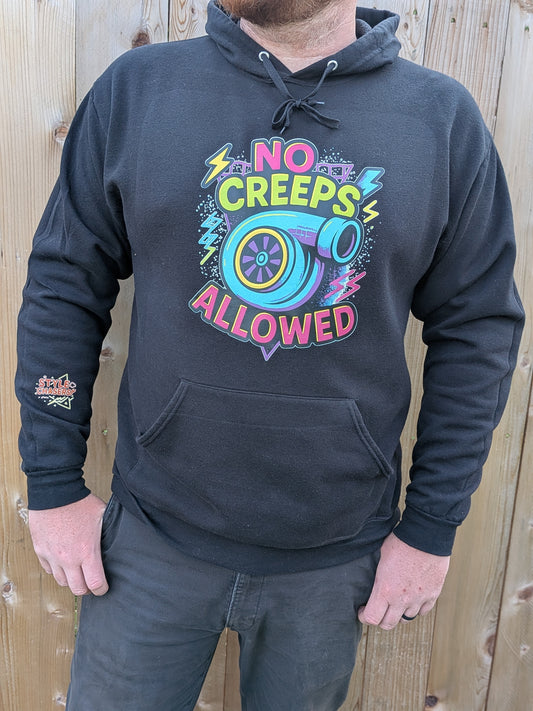 "No Creeps Allowed" Car Guy Hooded Sweatshirt – Turbo Neon Graphic Hoodie for Car Enthusiasts